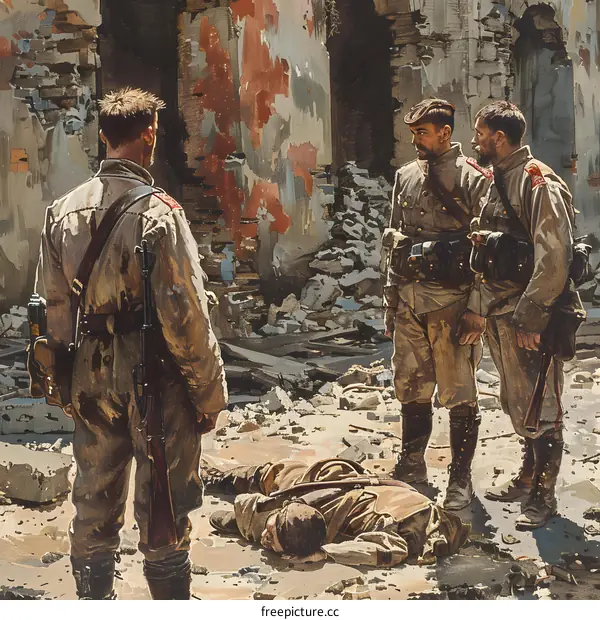 Three soldiers in tattered uniforms stand over a dead comrade