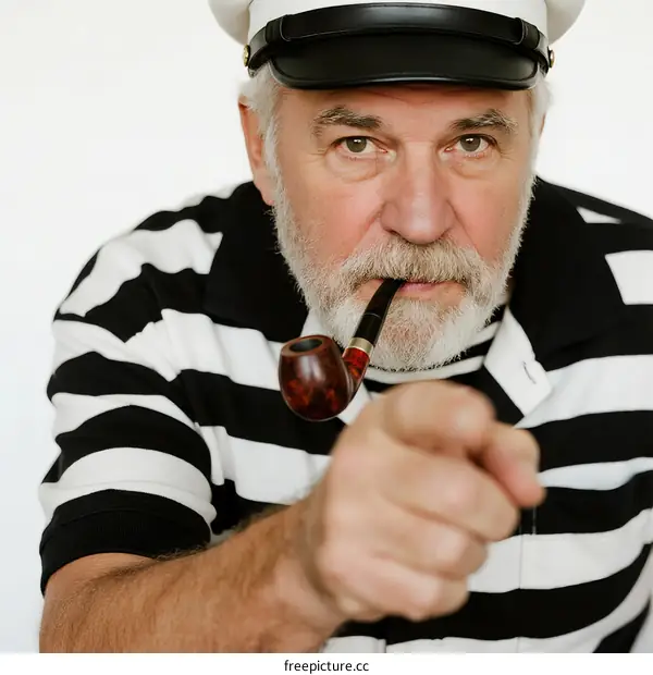 Elderly man in sailor outfit pointing with pipe in mouth