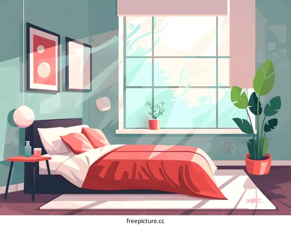 Cartoon Illustration of Modern Bedroom with Large Window