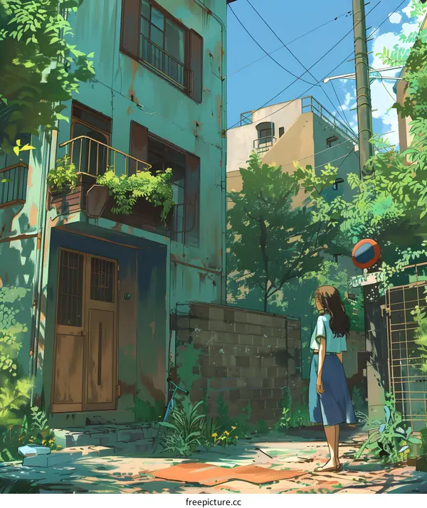 Girl Standing in a Back Alleyway of a Japanese City