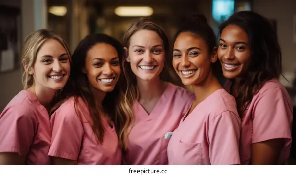 A group of five female nurses standing together and smiling at the camera