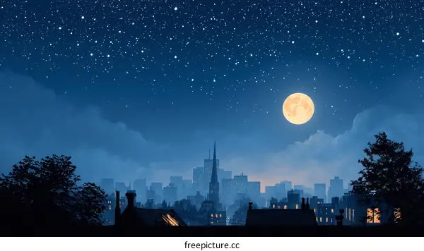 Night Cityscape Under a Full Moon and Stars