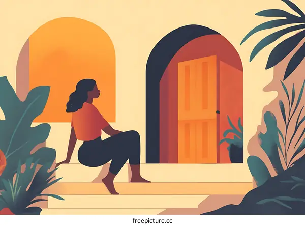 Woman Sitting on Porch with Tropical Plants and Open Door