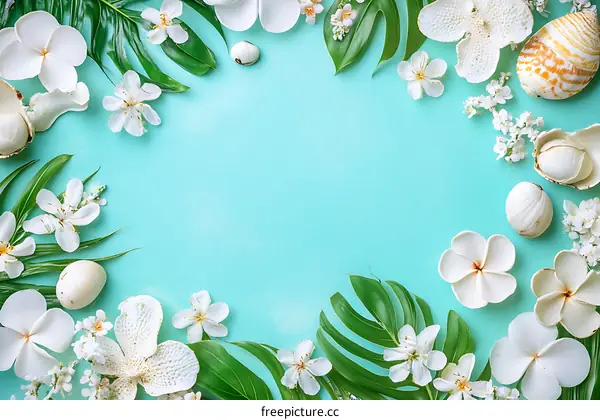 Tropical Flowers and Shells on a Turquoise Background