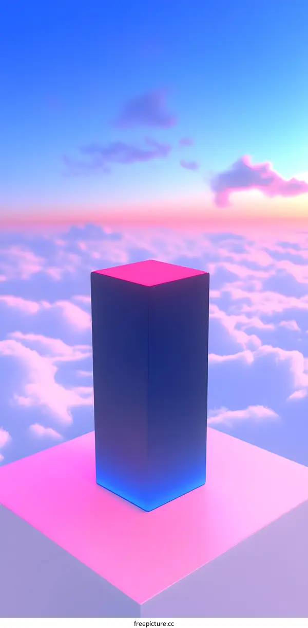 Abstract 3D Render of a Blue Cube with Neon Lights on a Platform in the Clouds