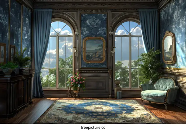 Luxurious Blue and Brown Living Room with Large Windows