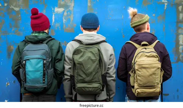 Three Men with Backpacks Standing in Front of a Blue Wall