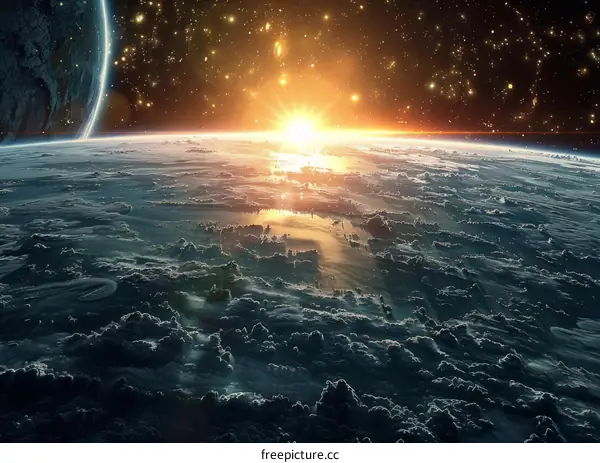 A beautiful sunrise view of a distant planet from outer space.