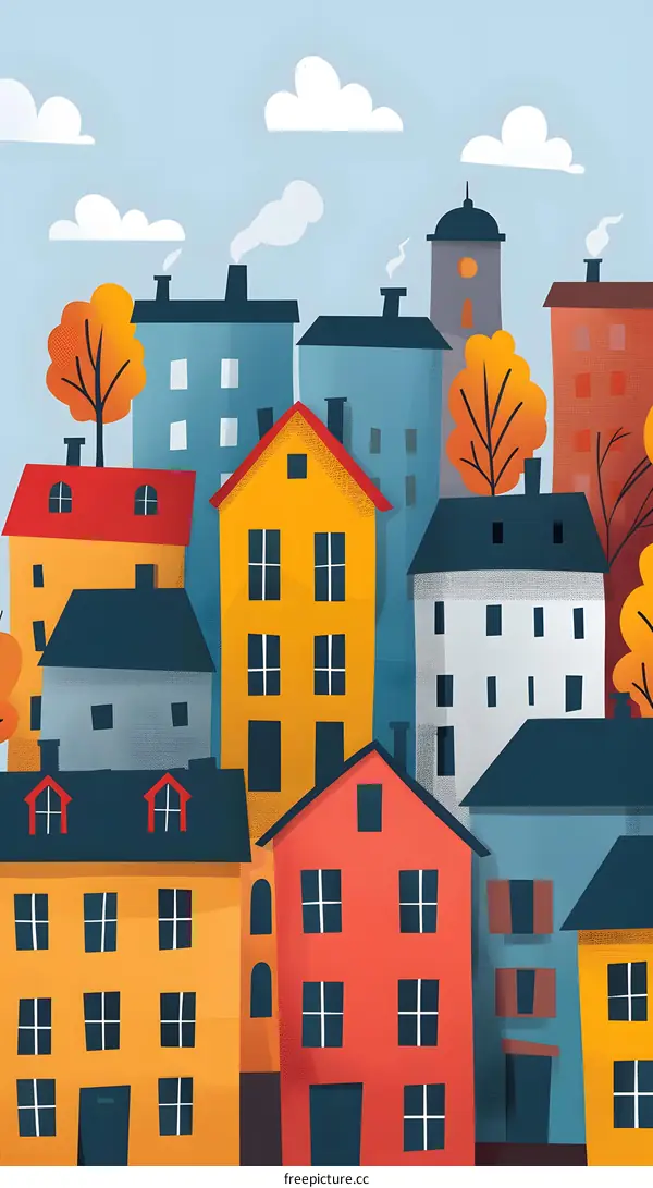 Colorful Illustration of Cityscape with Buildings and Trees