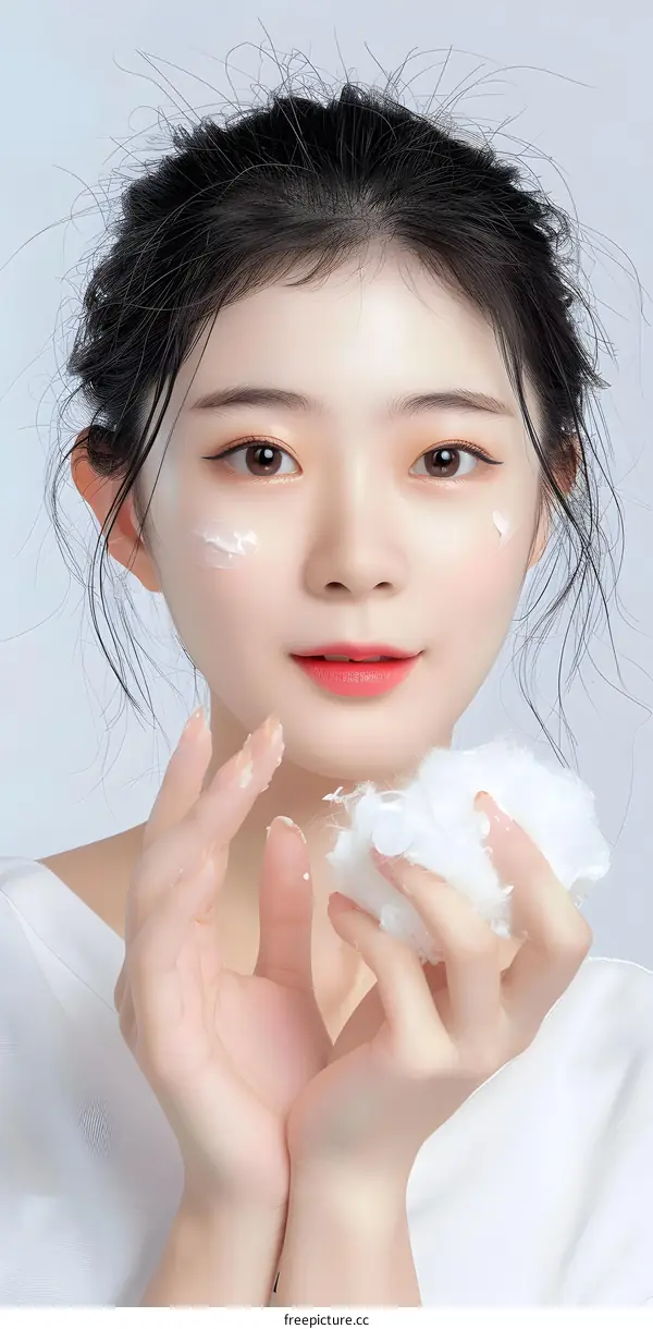 Young Asian Woman Applying Facial Cream with Cotton Pad