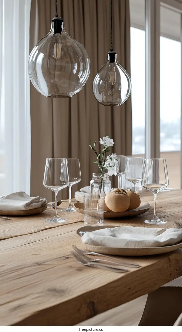 Rustic Dining Table Setting with Pendant Lights