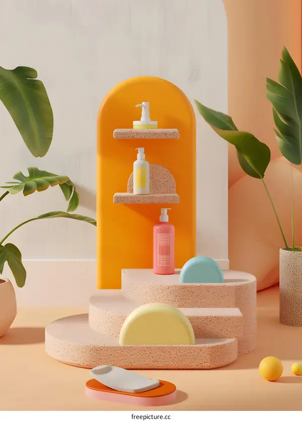 Minimalist Product Display with Pastel Colors and Palm Leaves