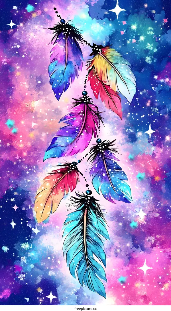 Colorful Watercolor Feathers and Stars Galaxy Background