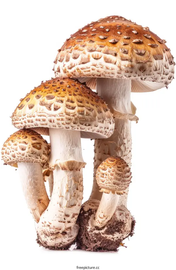 Four brown mushrooms with white stems