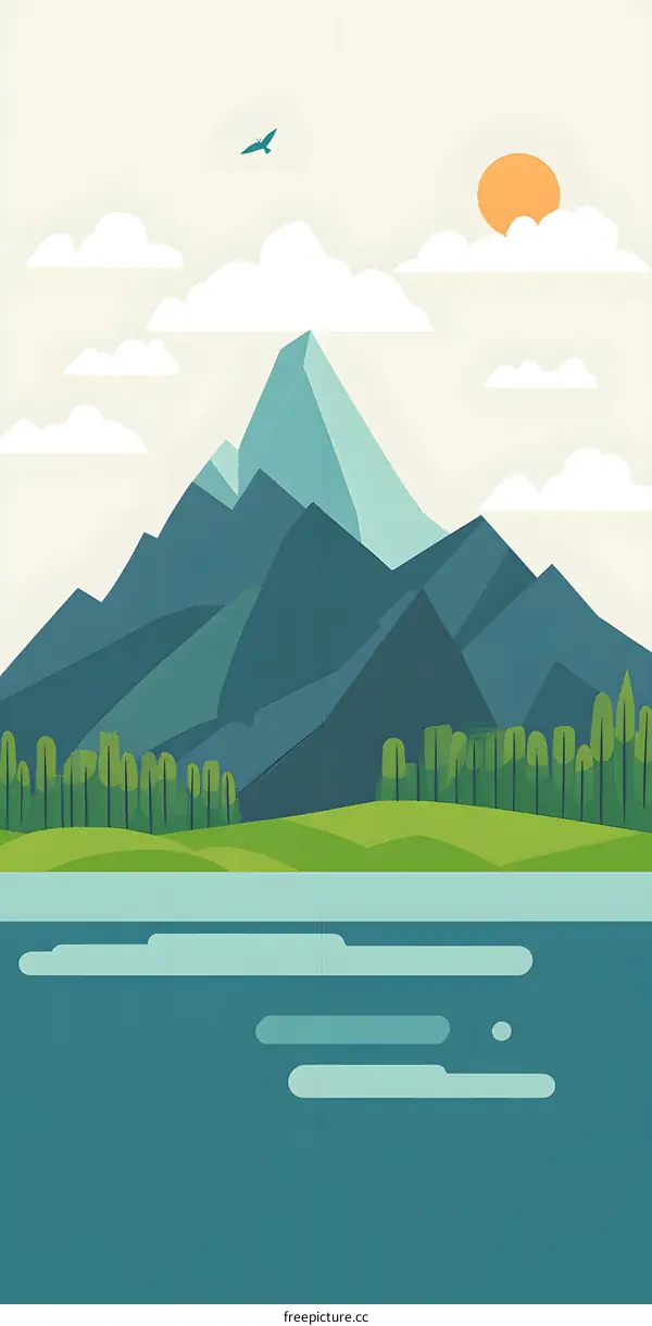 Flat Illustration of Mountain Landscape with River and Trees