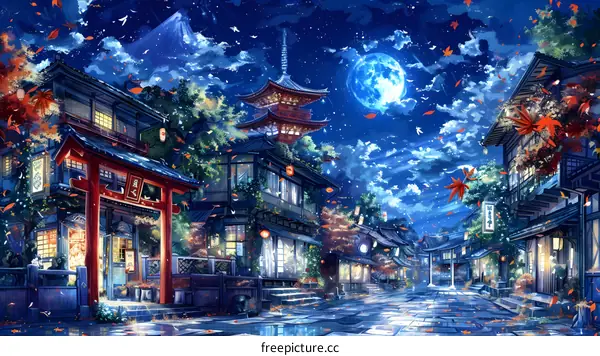 Japanese Town Under the Moon