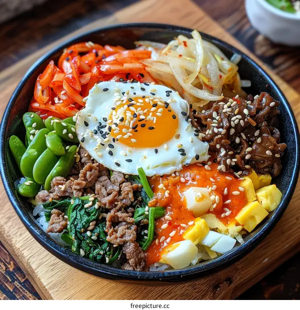 Bibimbap: Korean Rice Bowl with Beef, Egg, and Vegetables