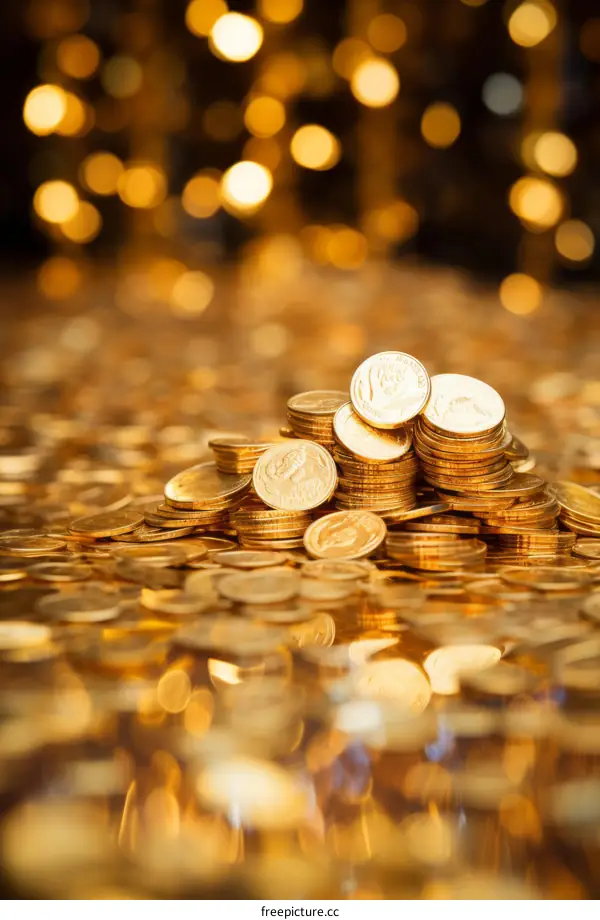 A pile of gold coins with a blurred background of gold lights