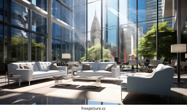 Modern Office Interior with Glass Walls and Expansive City Views