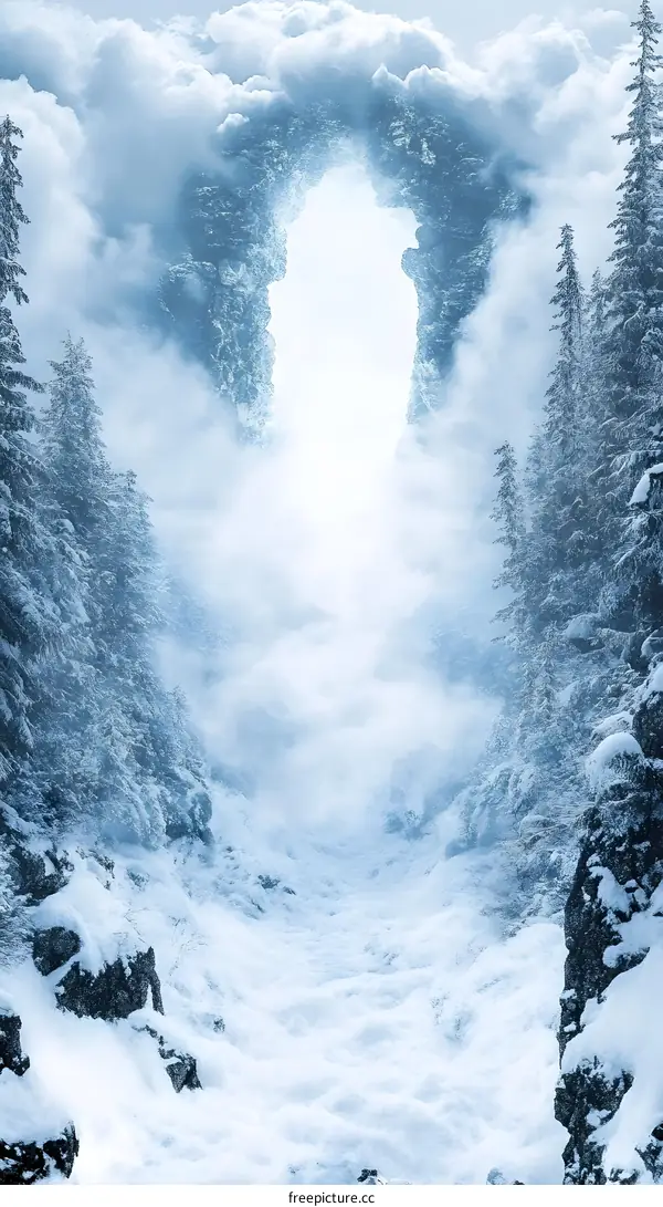 Snowy Mountain Landscape With Archway and Fog