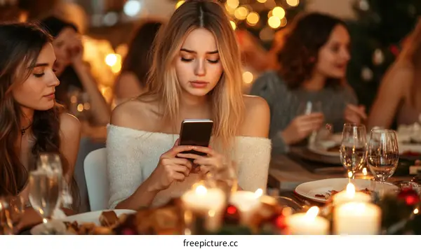 Women at Christmas Dinner Distracted by Phones