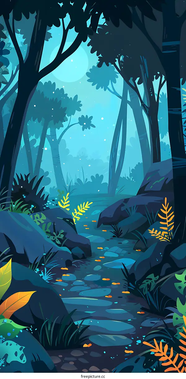 Dark Blue Forest Stream Illustration
