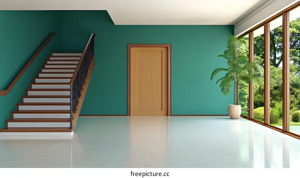 Modern Teal Interior Design With Staircase