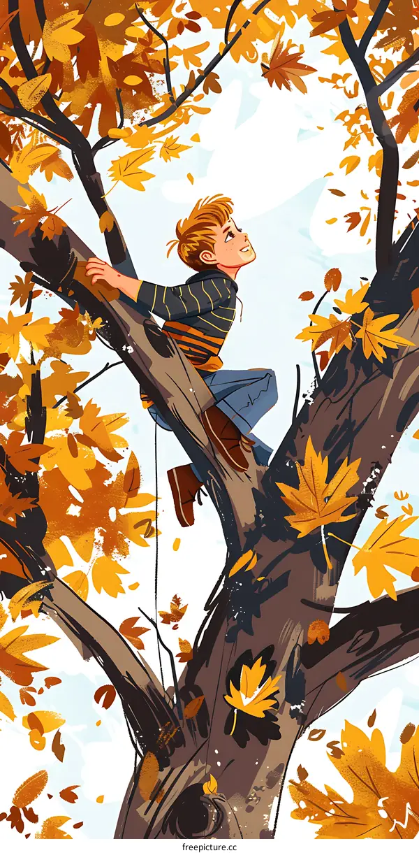 Boy Climbing Tree in Autumn