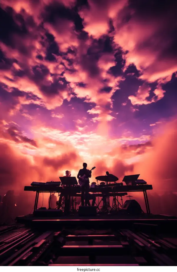 Musicians perform electronic music in front of a large crowd at an outdoor music festival.