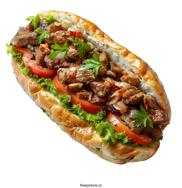 [Transparent Background PNG]Beef sandwich with tomato, onion, lettuce, and parsley