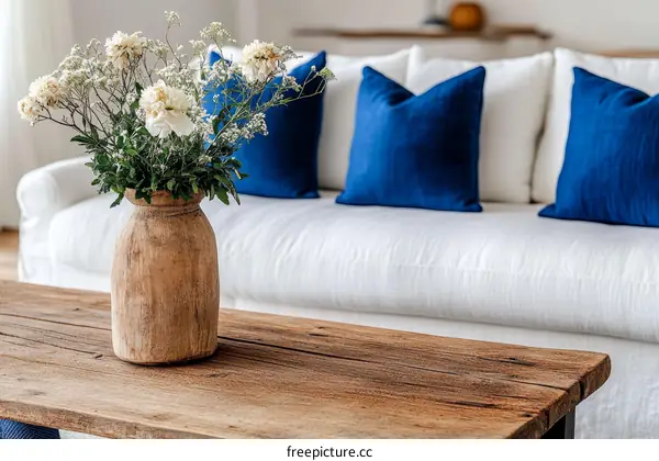 Rustic Wooden Vase on a Coffee Table with White Sofa