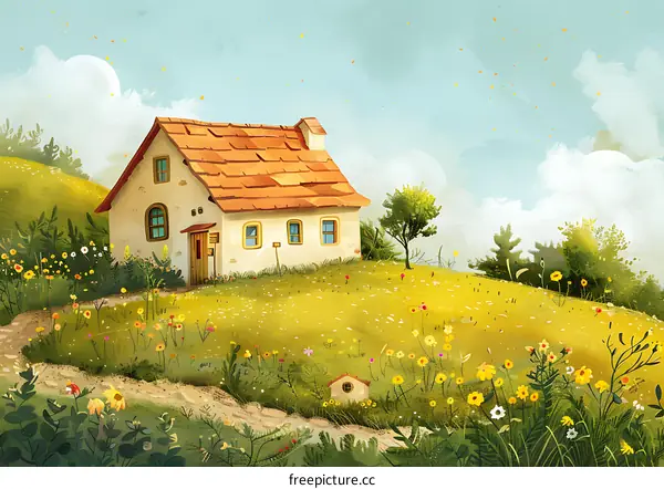 Small House on a Hill with Wildflowers