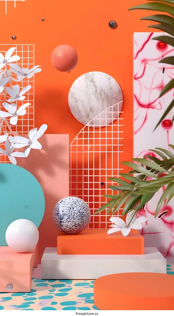 Abstract Background with Geometric Shapes and Flowers