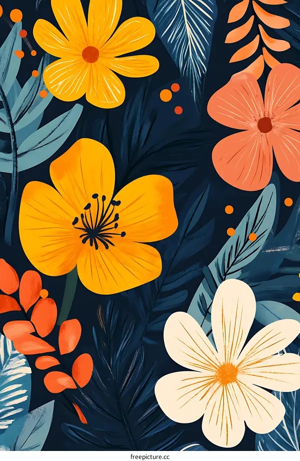 Floral Pattern With Yellow Flowers And Blue Leaves