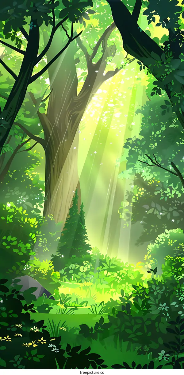Green Forest With Sunlight Shining Through Trees