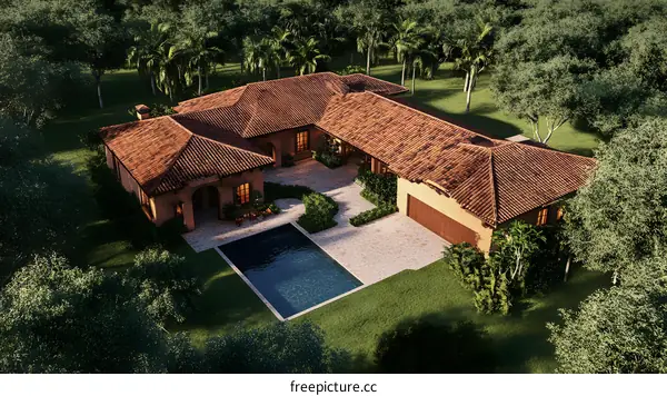 Aerial View of a Modern Mediterranean Style House with Swimming Pool