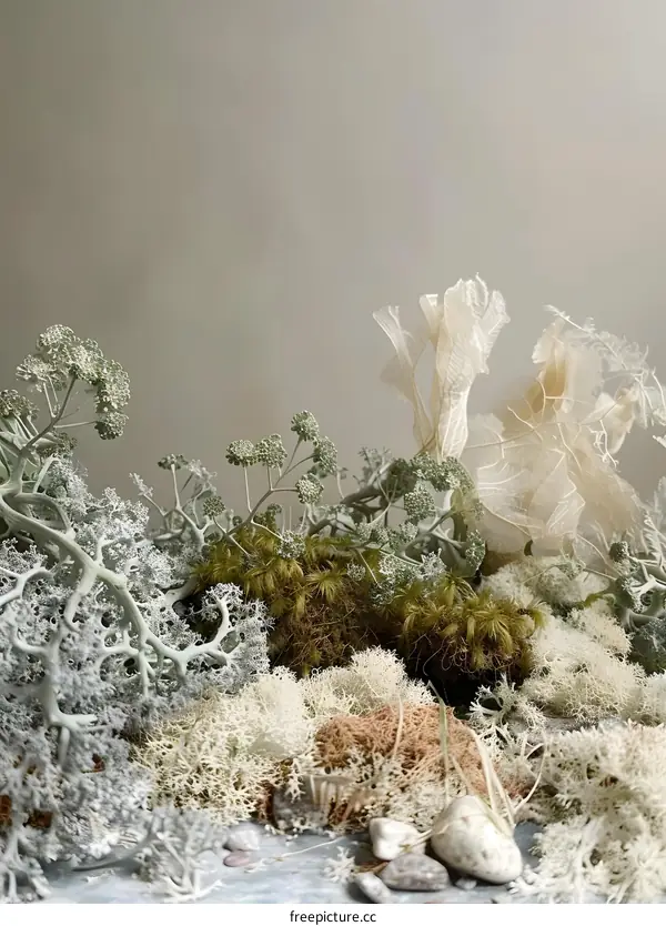 Close Up of Green and White Moss with Dry Flowers