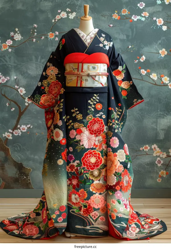 A woman wearing a kimono with a floral pattern
