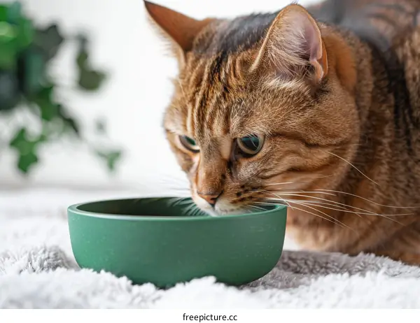 A ginger cat eating from a green bowl