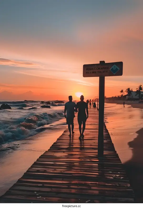 Couple Walking on Wooden Pier Towards Sunset