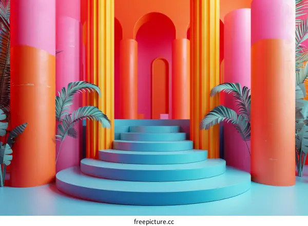 Blue podium and archway in a tropical setting