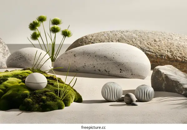 Zen Garden with White and Black Striped Balls