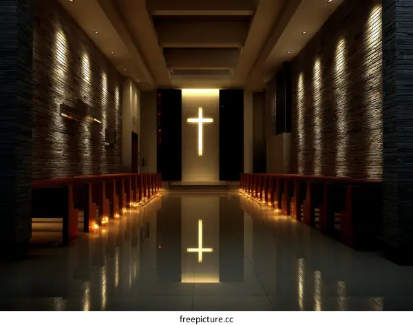 Empty Church Interior with Lighting and Reflection