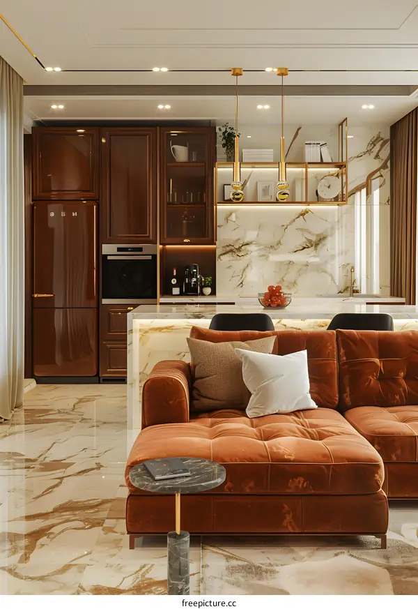 brown velvet sofa in the living room