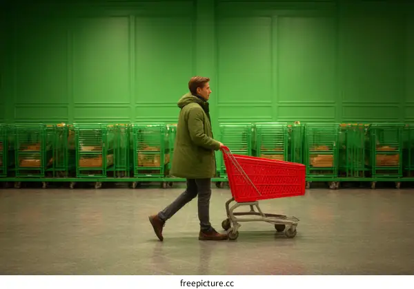 Man pushing shopping cart in a vibrant green supermarket