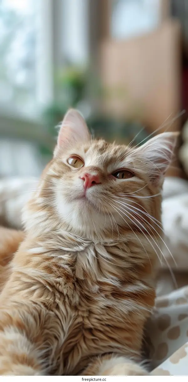 A ginger cat is lying on a bed and looking up at something.