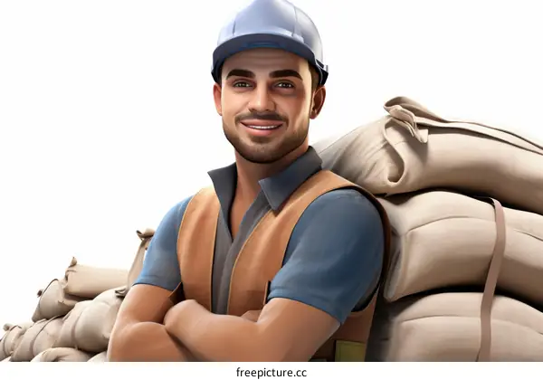 Construction worker in hardhat standing next to stacked sandbags