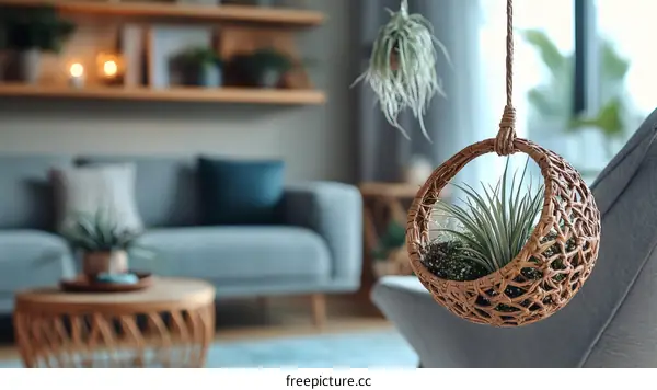 Cozy Living Room Decor with Hanging Air Plant