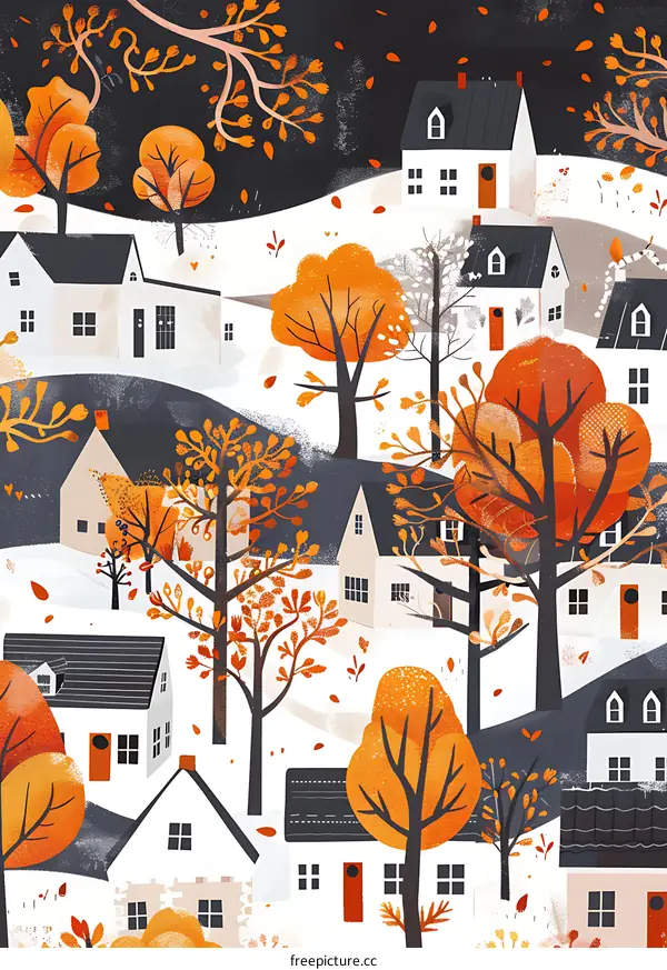 Autumn Village Illustration with Houses and Trees