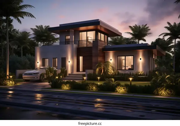 A modern house with a pool and a beautiful landscape